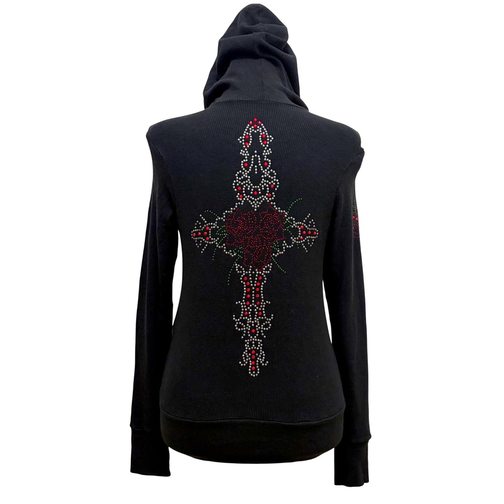 Vintage Y2K Bejeweled Susan Fixel Hooded Top One Size Swarovski Rhinestone Cross